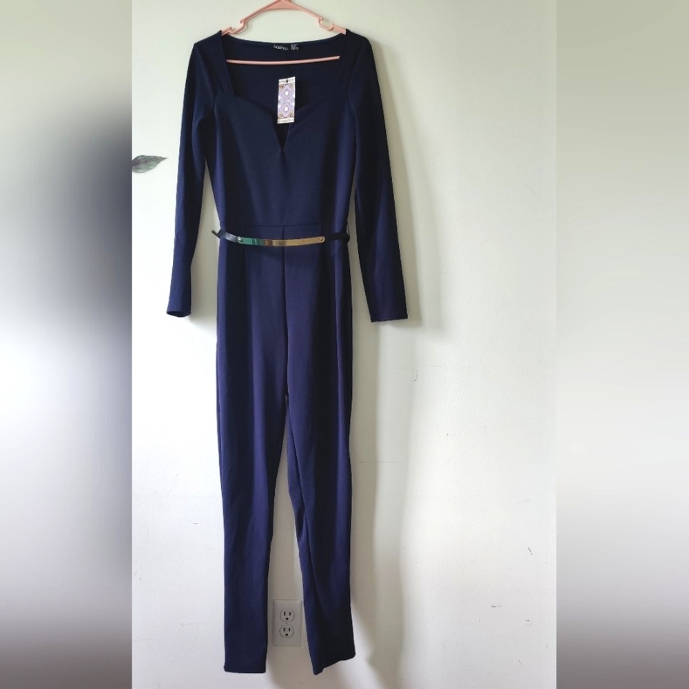 NWT Boohoo Plunge Sweetheart Belted Long Sleeves Navy Romper/Jumpsuit